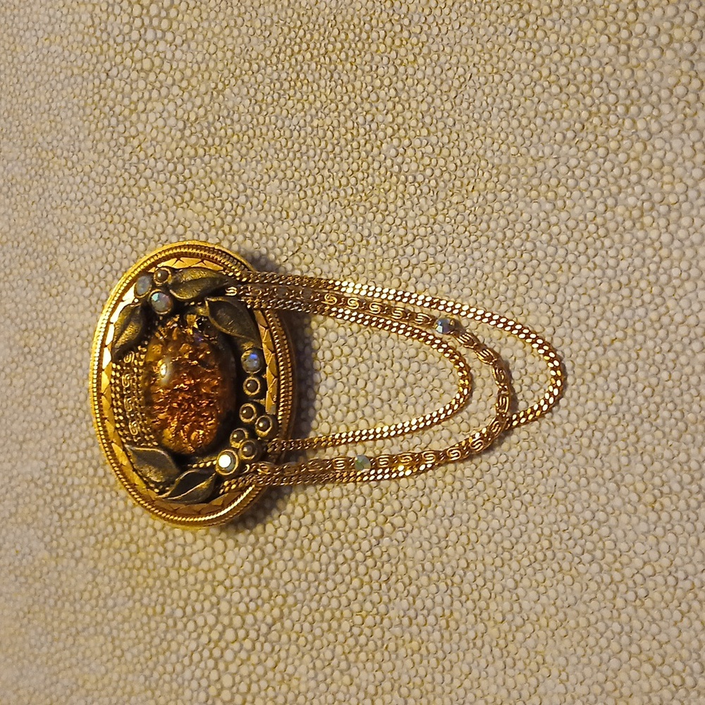 Marena W-Germany Gold Tone Amberlike Crystal Pearl Chain Brooch Pin